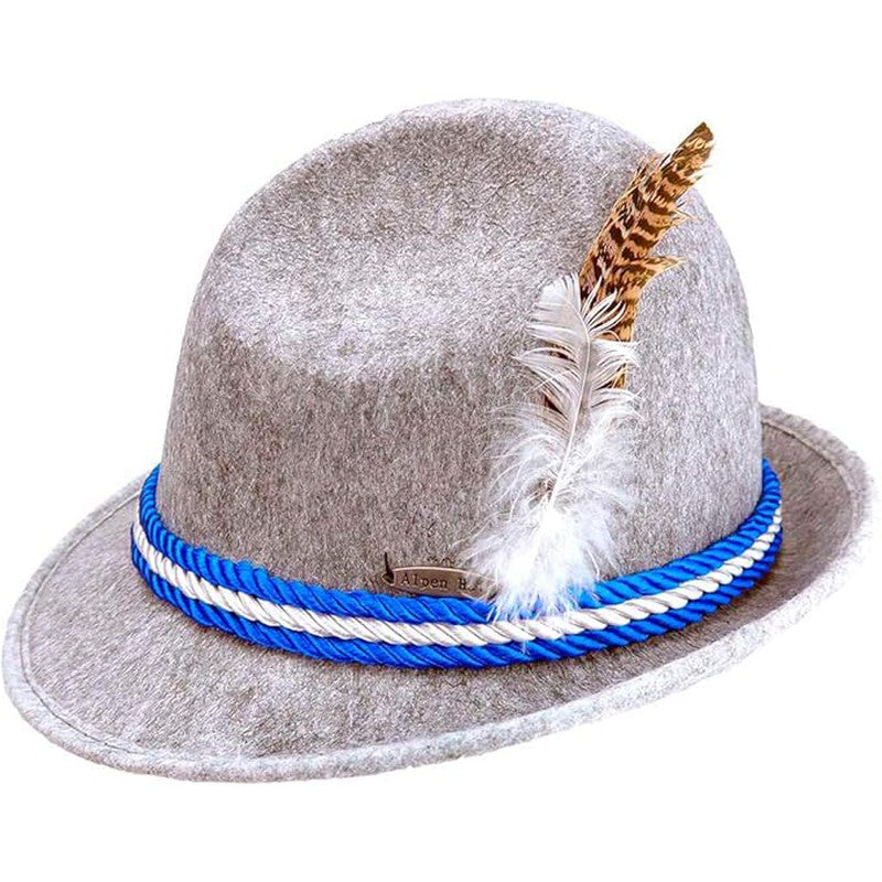 Felt Fedora Gray Hat with Bavarian Rope & Feather - Medium