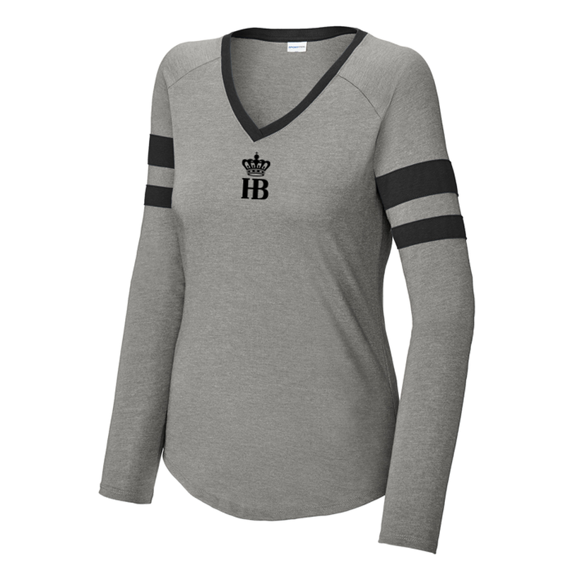 HB Sport-Tek® Ladies Halftime Stripe Long Sleeve V-Neck Tee - Black/ Vintage Heather