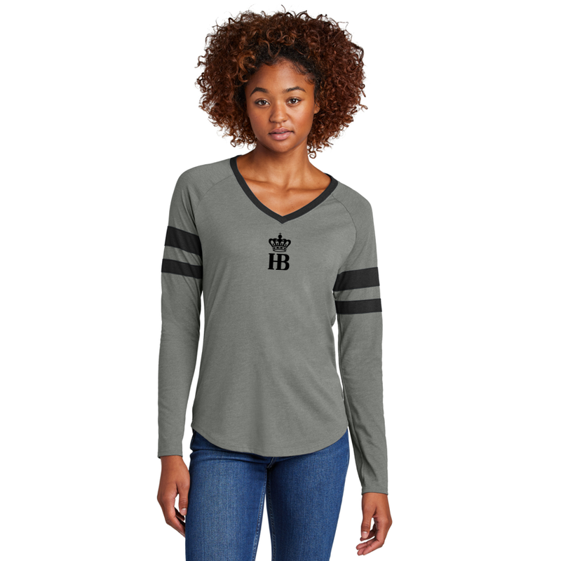 HB Sport-Tek® Ladies Halftime Stripe Long Sleeve V-Neck Tee - Black/ Vintage Heather