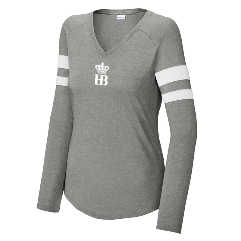 HB Sport-Tek® Ladies Halftime Stripe Long Sleeve V-Neck Tee - White/ Vintage Heather